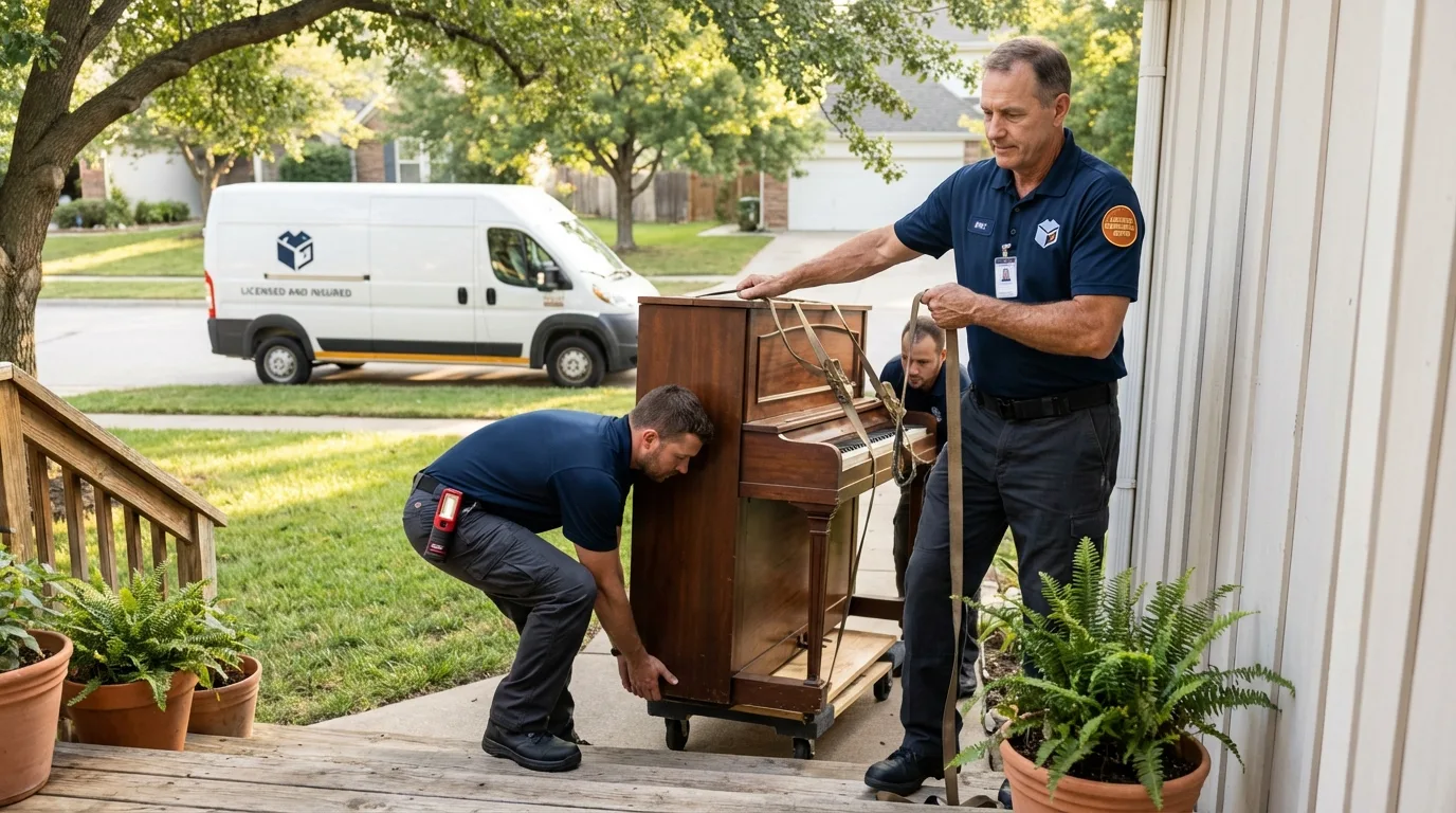 Licensed piano movers securing grand piano in Stayton, OR