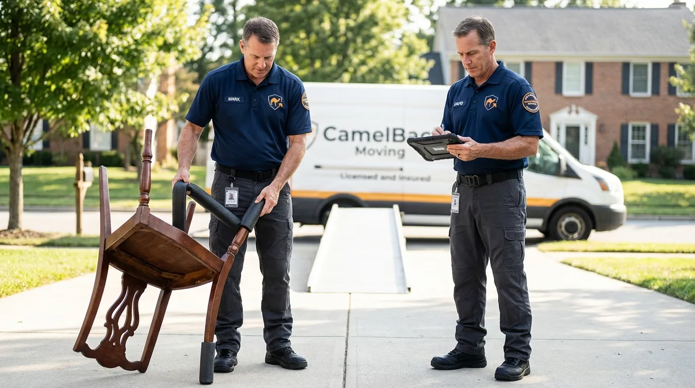 Movers inspecting furniture for damage prevention before loading in Stayton, OR
