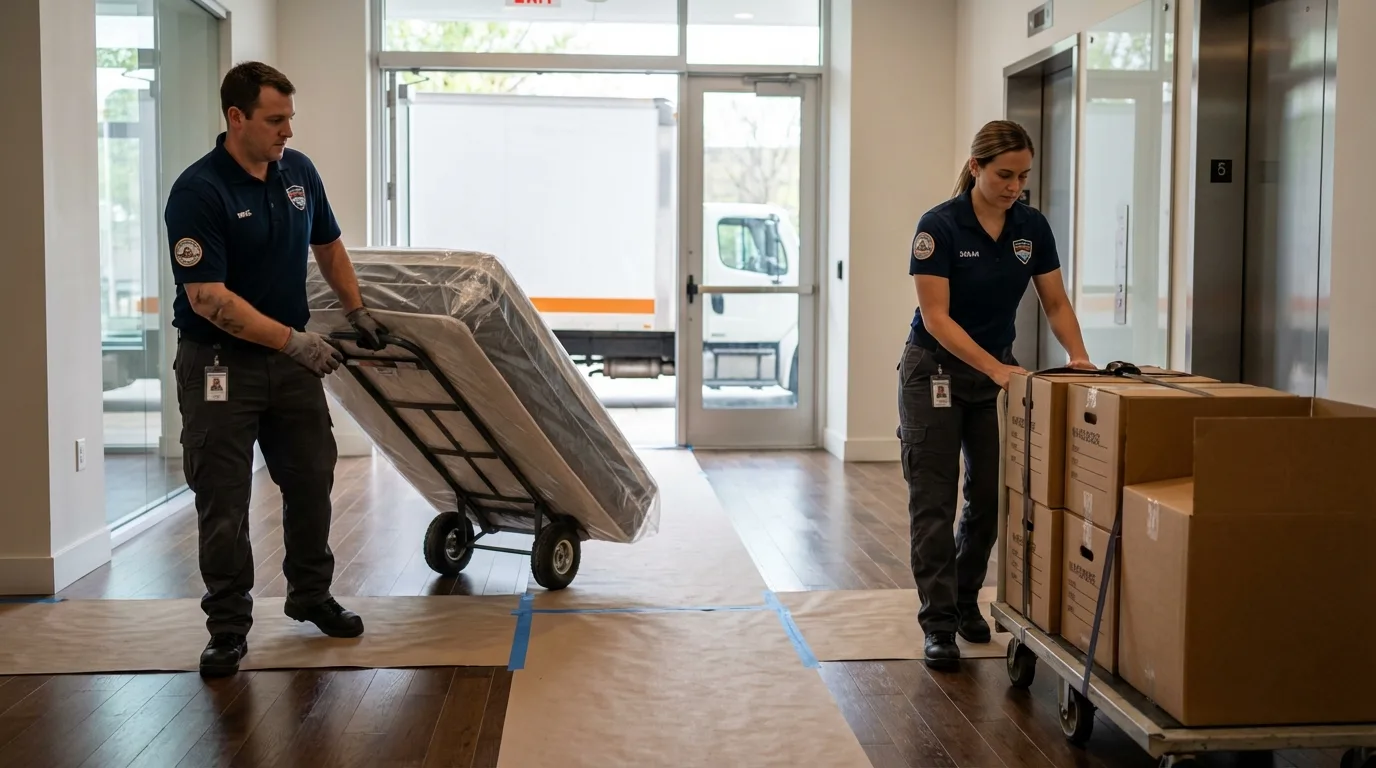 Professional apartment movers loading elevator in Stayton, OR
