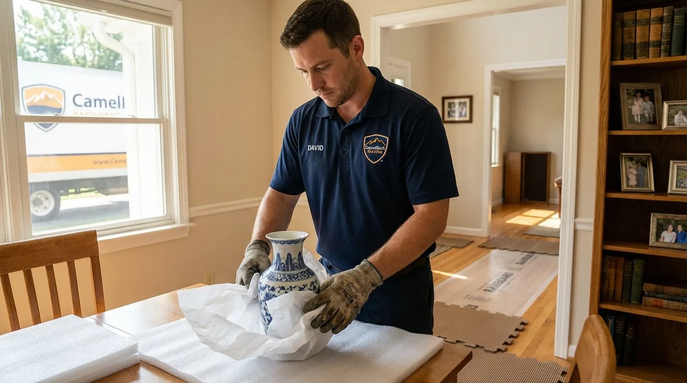 Professional crew carefully wrapping antique vase for senior downsizing move in Stayton, OR